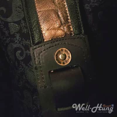 Well-Hung "Lust for Lustre" - 3" wide padded black leather comfort strap with gold reptile image 6