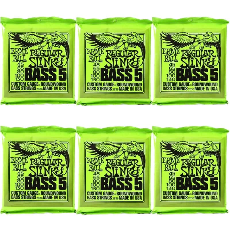 6-Pack Ernie Ball 2836 Regular Slinky 5-String Nickel Wound Electric Bass Strings (45-130) image 1
