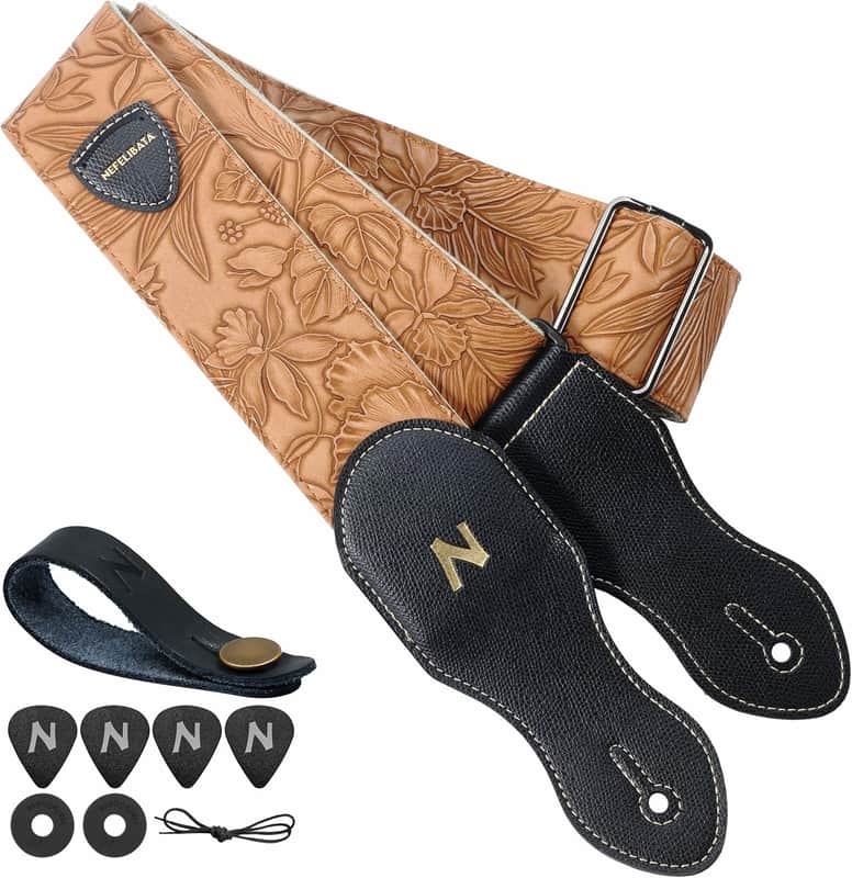 Guitar Strap with Pick Pocket,2.3 inch Porter Style Vegan Leather Carving Guitar Straps,60s Vintage Style?Brown Yellow? image 1
