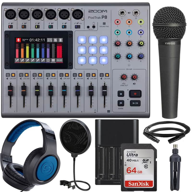 Zoom PodTrak P8 Portable Multitrack Podcast Recorder + Behringer XM8500 Vocal Microphone + Samson SR350 Over-Ear Stereo Headphones + Microphone Pop Filter + 64GB Memory Card + 8mm XLR Microphone Cable + TableTop Tripod + Rechargeable Battery & Charger image 1