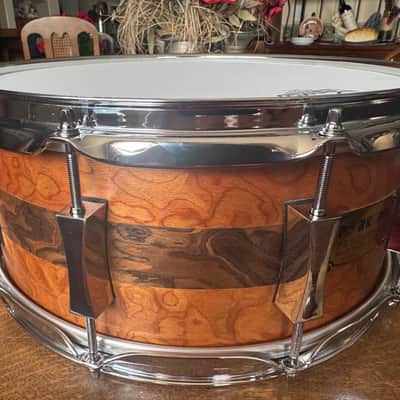 ~NEW!~ Pork Pie Decaf Macchiato Maple 6.5x14 Snare Drum in Satin Burled Walnut with Sapele Stripe image 6