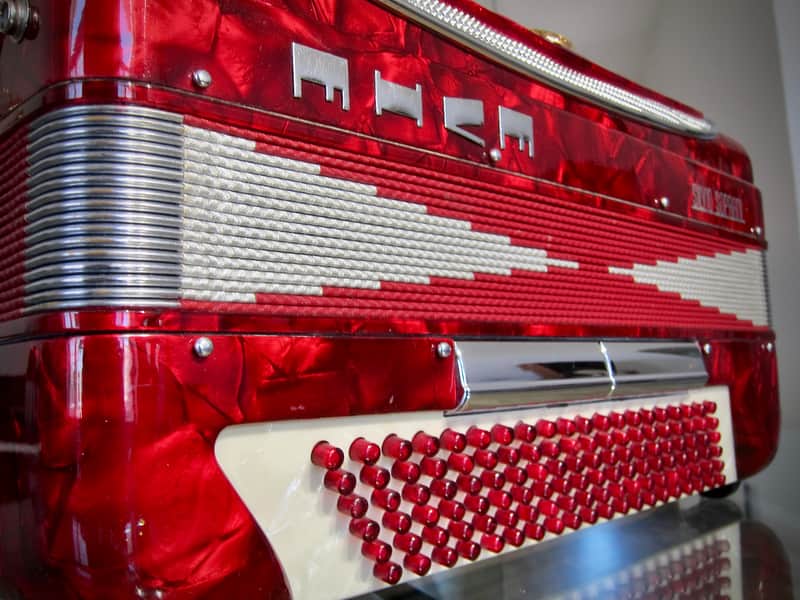 Vintage 1960s Silvio Soprani Accordion Model 8643 Full Size Red Mother Of Pearl with Original HSC image 1