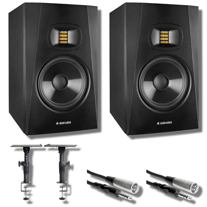 Adam Audio T8V Studio Monitor (Pair) with Clamp-On Studio Monitor Stands, Professional Grade Balanced 1/4" to XLR Cables and StreamEye Polishing Cloth image 1