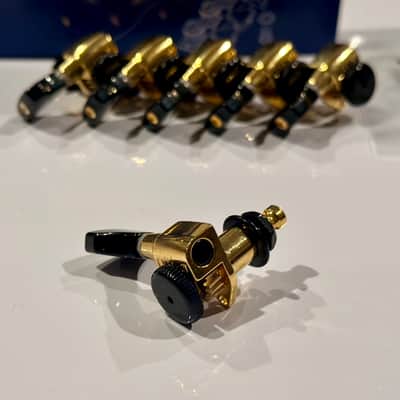 Hipshot Grip-Lock Open Gear 6 Inline Staggered Locking Tuners - Custom Hybrid Gold & Black (LEFTY/REVERSE) image 3