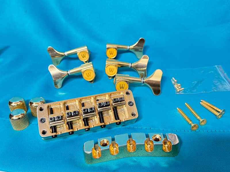 1995 Warwick 5 String Bass Hardware Kit / Set - Bridge, Tuners, Knobs - Gold Custom 3 Knob // LISTING SET #2 image 1
