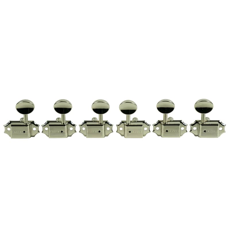 Kluson 3 Per Side Deluxe Series Tuning Machines - Single Line - Standard Post - Nickel With Metal Oval Buttons image 1