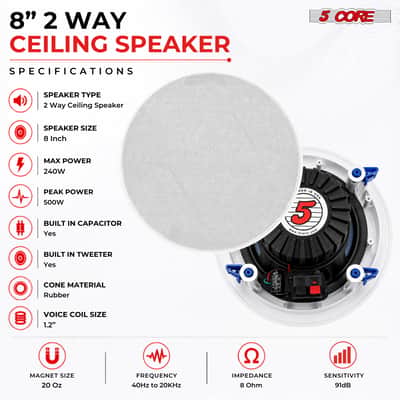 5 Core 8 Inch In-Ceiling In-Wall Speaker 500W 2-Way Pair Flush Mount House Home Theater Speakers image 2