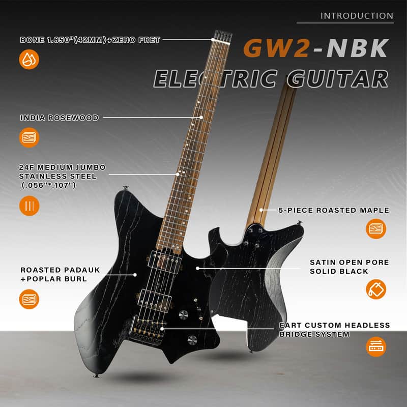 Eart GW2 Headless Electric Guitar, Right Handed, Roasted Ash+Poplar Burl Body, 24 Stainless Steel Frets image 1
