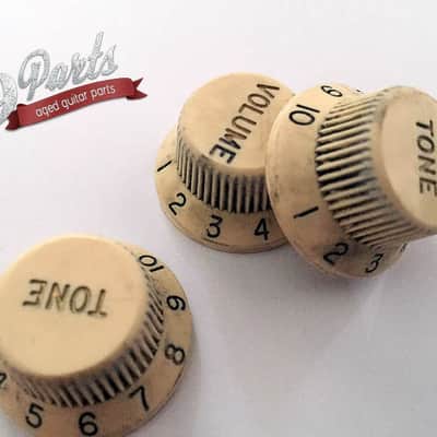 Set of 3 Hand Aged Fender knobs Ivory/Cream, relic, aged, Stratocaster, 59 Parts image 3