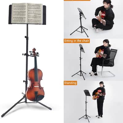 Sheet Music Stand with Violin Hanger, Portable Folding violin Stand, Foldable Music Stand for Sheet Music, Violin Music Stand with Carrying Bag, Light, Black image 2