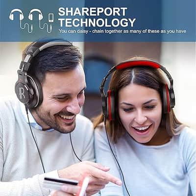 Over Ear Headphone, Wired Bass Headset with 40mm Driver, Foldable Lightweight Headphones with Shareport and Mic for Recording Monitoring Mixing Podcast Guitar PC TV (Black Grey) image 4