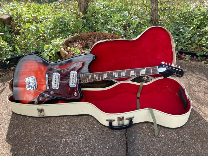 RARE Harmony H19 Silhouette • 1963 - 1968 Cherry Red Shaded • Hagstrom Tremolo Bar + DeArmond Mustache Gold Foil Pickups • With Vintage Original Case image 1