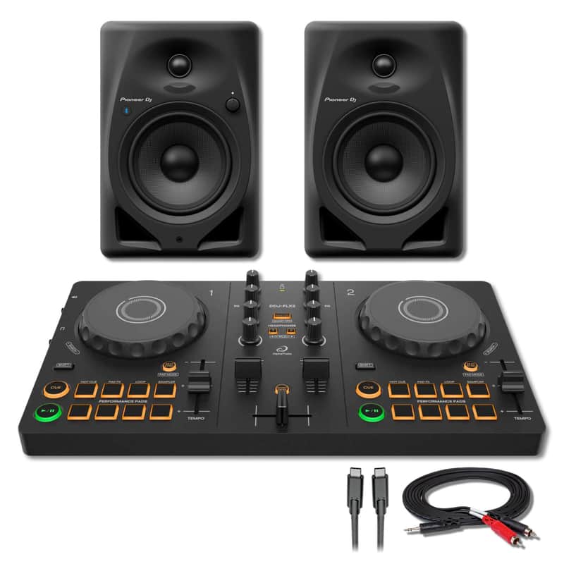AlphaTheta DDJ-FLX2 Compact 2-Channel DJ Controller with Pioneer DJ DM-50D-BT 5-Inch Bluetooth Active Monitors and Hosa CMR-206 3.5mm TRS to Dual RCA Cable image 1