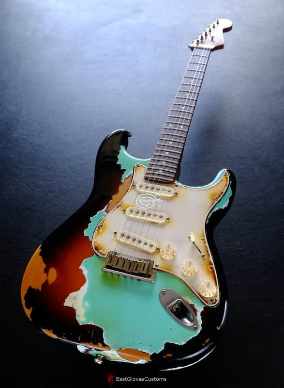 Fender Stratocaster Surf Green over Sunburst Made in USA Heavy Aged Relic image 1