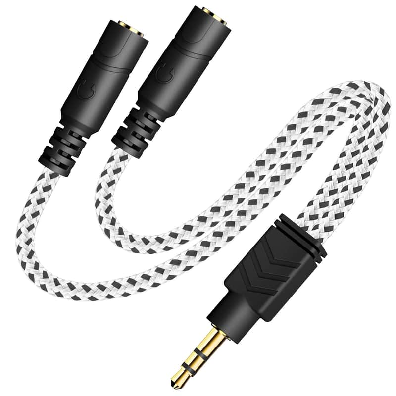 Headphone Splitter, Knitted 3.5mm Audio Splitter TRS 3-Pole Aux Splitter Cable for Headphones Earphones Speakers -Zebra White image 1