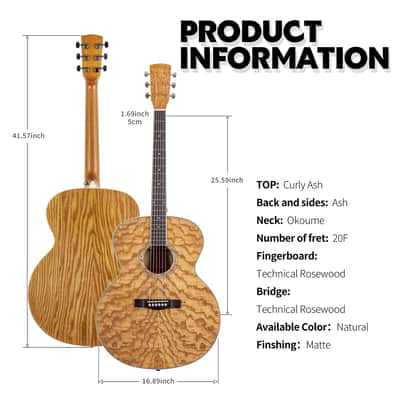 TARIO 41'' Antique Jumbo Body Acoustic Guitar Curly Ash body Okoume Neck Natural image 3