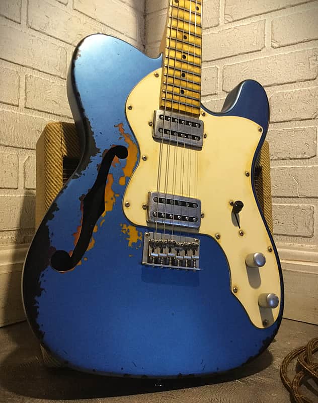 USA Relic Thinline Tele Style Electric Guitar Metallic Blue Nitro by Nate's Relic Guitars image 1