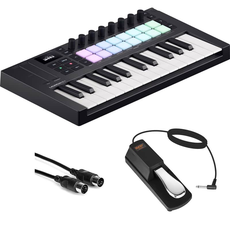 Novation Launchkey Mini 25 MK4 USB MIDI Keyboard Controller (25 Mini Keys) Bundle with Auray FP-P1L Universal Piano-Style Sustain Pedal and Hosa Mid-310 Black 10 ft. Midi cable image 1