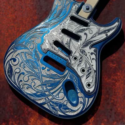 Custom Laser Engraved Blue Sparkle and White Fender Strat Guitar Body with White & Silver Mirror Pickguard & Tremolo Cover HSH, HSS, SSS Setup Available image 6