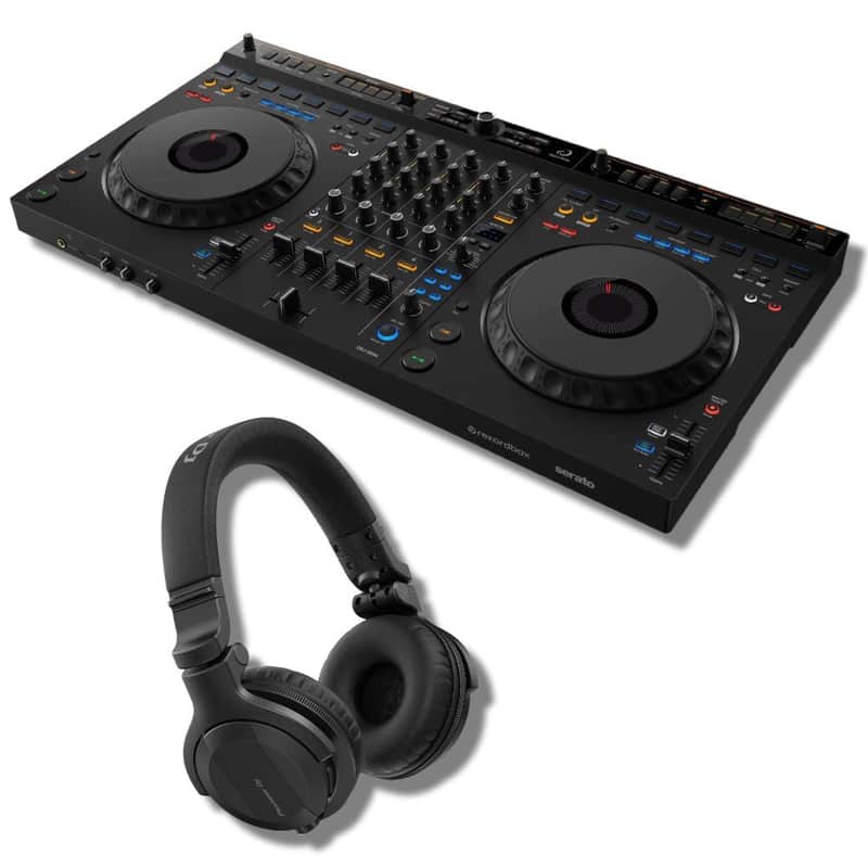 AlphaTheta DDJ-GRV6 4-Channel DJ Controller with StreamEye Cans50 Professional Studio Headphones, On-Stage Stands LPT5000 Laptop Stand, and Essential Cables for Connecting to DJ Controllers image 1