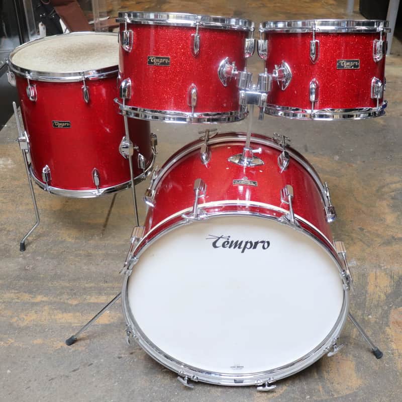 Tempro 4pc Drum Set Red Sparkle Vintage 1970's image 1