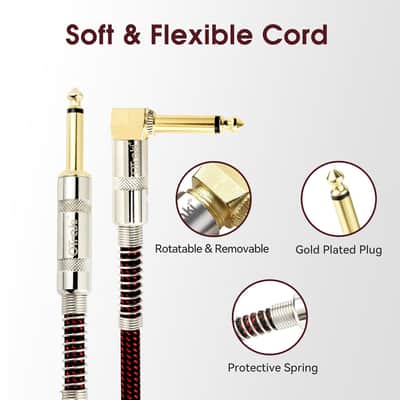 10ft Guitar Cable 2 Pack Electric Guitar Chord Instrument Cable Quarter Inch L Shaped Guitar Cable Straight to Right Angle Gold Plated Plug for Bass Amp Keyboard Red & Green image 6