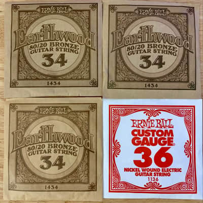 Four Single Guitar Strings - .034 and .036 Gauge (Ernie Ball) Opened, Not Played image 1