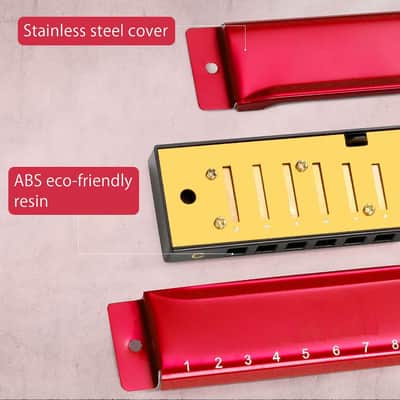 10 Hole C Key Diatonic Blues Harmonica, Brass Reed Metal Mouth Organ Red image 4