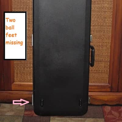 used Rickenbacker Hardshell Case for Model 620 electric guitar (NO guitar) from 1995, 2 Ball feet broke off (2 holes in plastic), Exterior plastic has some cracks,  EXT: Black Hard Plastic / Chrome HW / Handle: Black Molded Hard Plastic / INT: Blue Plush image 2