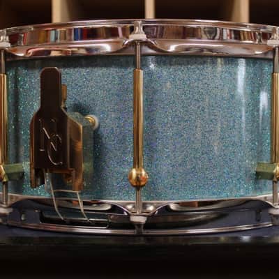 Noble&Cooley Noble and Cooley 6x 14 Walnut Solid Shell Classic Snare Drum in Aqua Sparkle 2022 Aqua Sparkle image 4