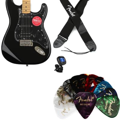 Squier Classic Vibe '70s Stratocaster HSS - Black with Maple Fingerboard  Bundle with Fender 2" Polyester Logo Strap - Black with White Logo... (4 Items) image 1