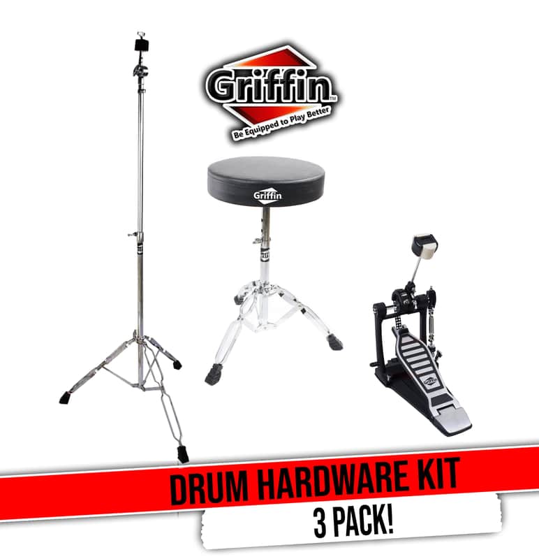 GRIFFIN Drum Hardware Set (Percussion TiltPro X Edition) 3 Pack Combo – Kick Pedal, Drum Throne & Cymbal Stand – Chrome Kit for Mounting Crash, Ride & Splash Cymbals image 1