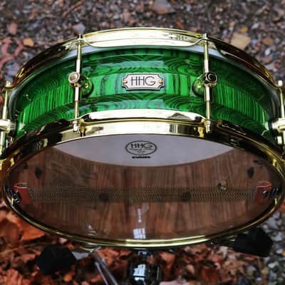 HHG Drums  14x5 Contoured White Ash Stave Snare Drum 2022 High Gloss Electric Green Lacquer Eith Gold Hardware image 2