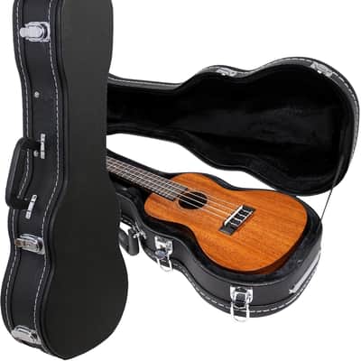 Wooden Concert Ukulele Case with Exterior Lock and Key, PVC Handle, and Plush Interior Padding - Black image 1
