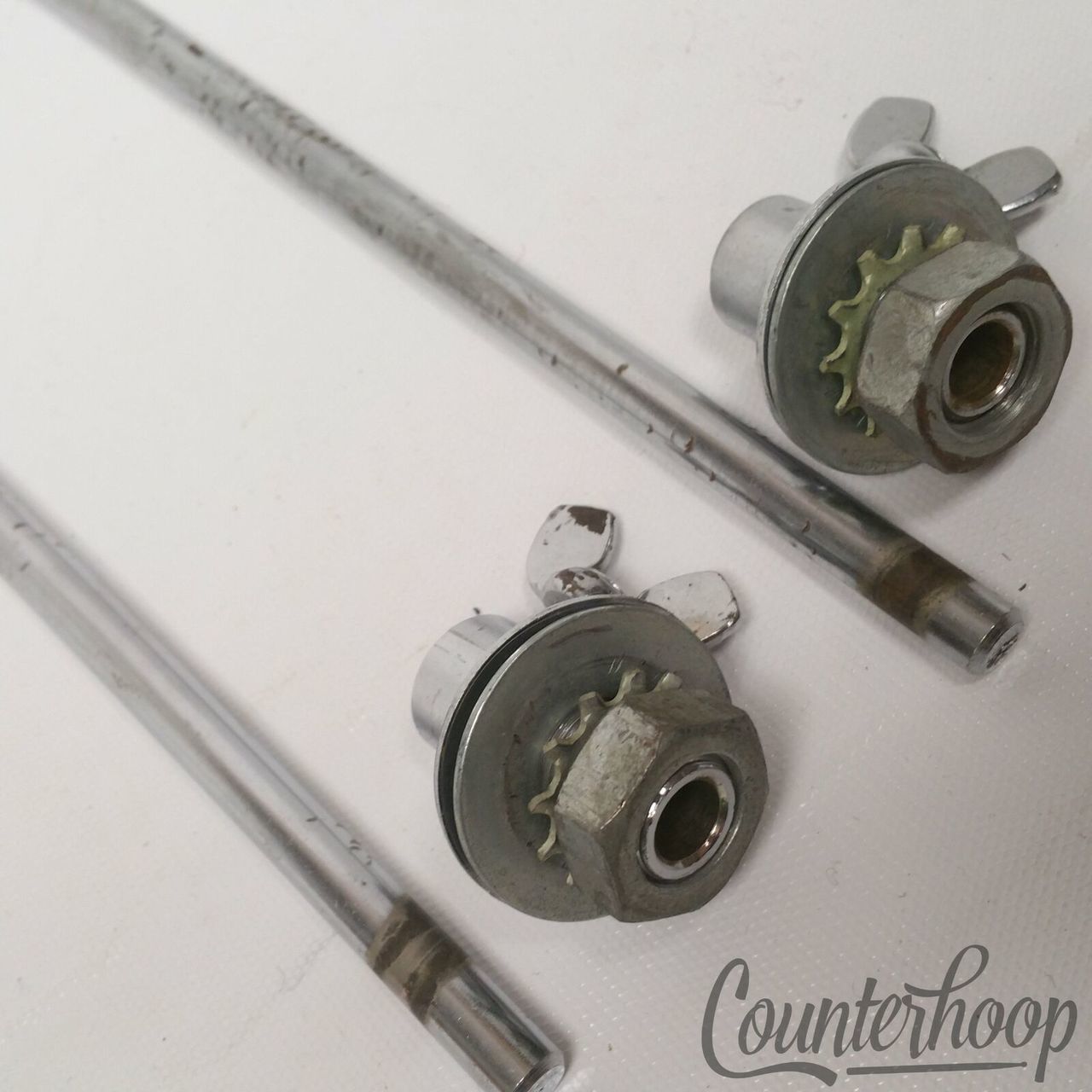 Ludwig Disappearing Spurs + Mounts Straight Legs Vintage 60s Chrome Spikes USA* — main photograph