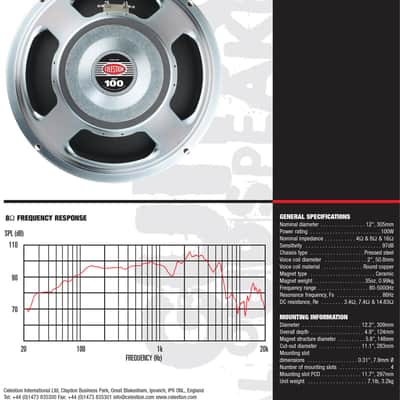 Celestion G12T-100 'Hot 100' 12" 4ohm 100W Ceramic Magnet Guitar Speaker 97dB 86Hz image 1
