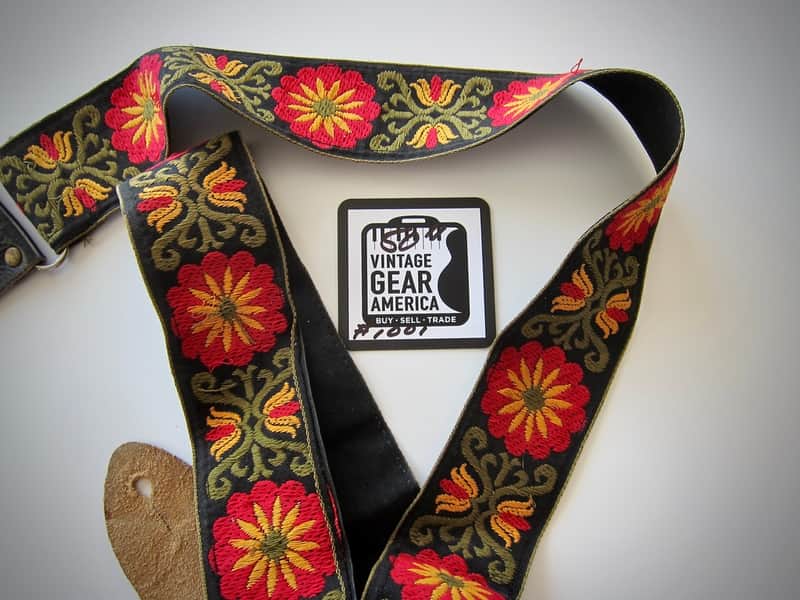 ACE Guitar Strap Unbranded Genuine Vintage Part Circa-1960s-Black with Red Floral image 1