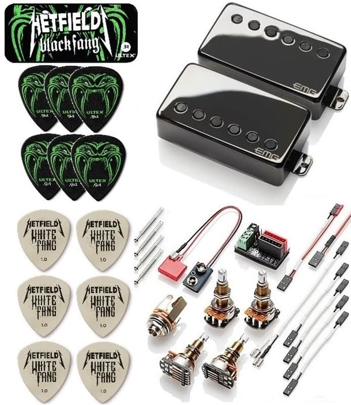 EMG JH SET JAMES HETFIELD BLACK CHROME STANDARD SPACED LONG SHAFT POTS & WIRES (30 JH PICKS & 1 TIN) image 1