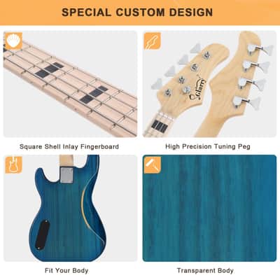 Glarry GP PRO Electric Bass Guitar NO Pickguard - Blue image 4