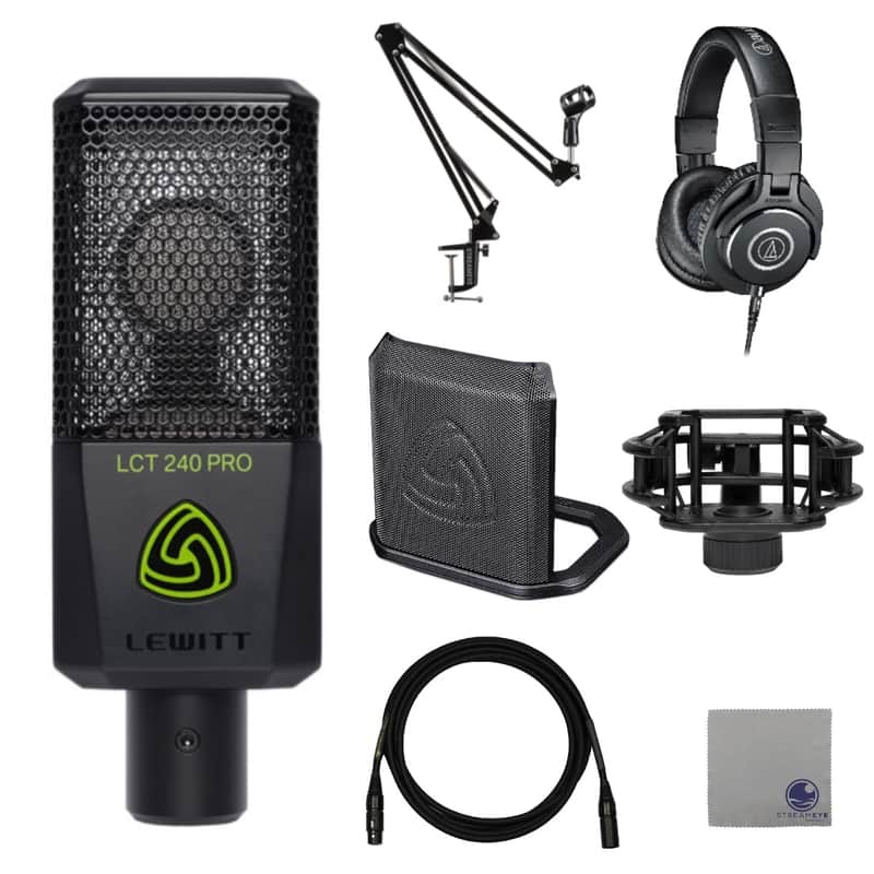 Lewitt LCT-240 Pro Microphone w/ LCT-40-SH Shock Mount, LCT-50-PSX Pop Filter, ATH-M40x Headphones, XLR Cable, BOOMARM1 and Polish Cloth image 1