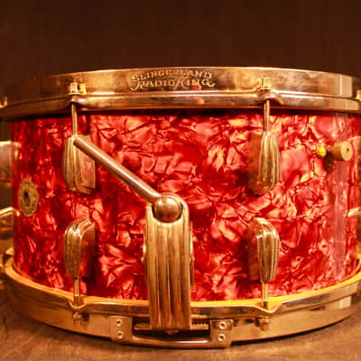 Slingerland*RED MARINE PEARL*28,13,14,16 Drum Set+Radio King Snare WW2 Wood Hoop image 23