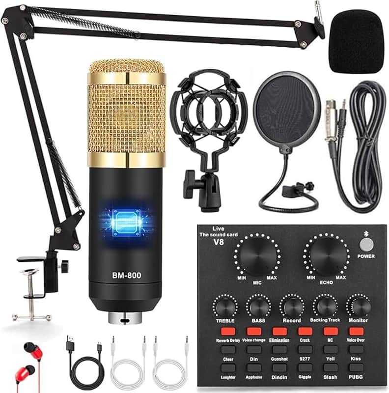 Podcast Equipment Bundle, Audio Interface with Voice Changer and BM800 Condenser Microphone, Audio Mixer Perfect for Recording, Broadcasting, Live Streaming image 1
