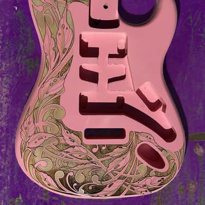 Custom Laser Engraved Pink Fender Strat Guitar Body with Pink Mirror Acrylic Pickguard & Tremolo Cover HSH, HSS, SSS Setups Available image 9