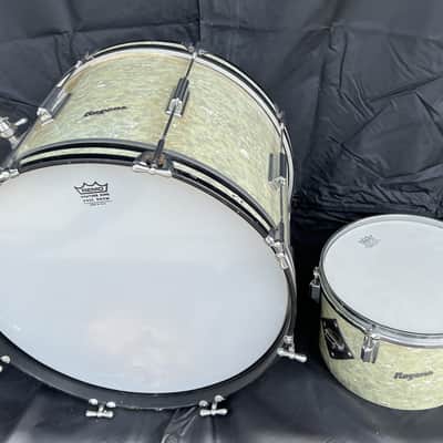Cleveland Era Rogers, 8x12" Concert Tom & 14x20" Single Tension Bass Drum,  2 Piece Drum Set, White Marine Pearl Finish Red Sparkle Finish image 1