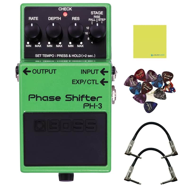 Boss PH-3 Phase Shifter Pedal Bundle w/ 2-Pack Strukture S6P48 Woven Right Angle Patch Cable, 12-Pack Guitar Pick and Liquid Audio Polishing Cloth image 1
