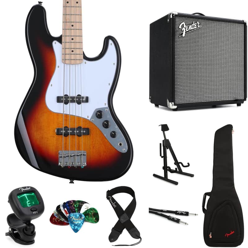 Squier Affinity Series Jazz Bass and Rumble 25 Combo Amp Bundle - 3-color Sunburst with Maple Fingerboard image 1