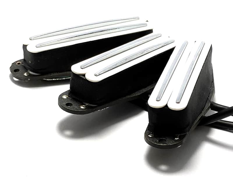Dragonfire Duo Rails SSS Set Strat Sized Humbucker Pickups Bridge/Middle/Neck, White w/ Chrome Rails image 1