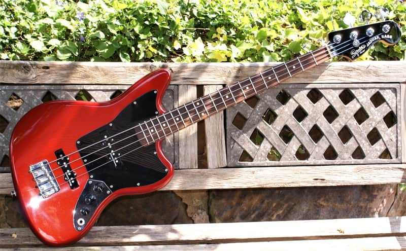 Upgraded Fender Squier Short Scale Jaguar Bass Guitar, Candy Apple