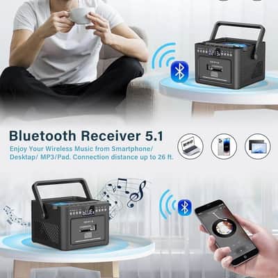 Bluetooth 5.1 CD & Cassette Boombox – Rechargeable 5000mAh Portable Stereo with FM, USB, TF & Remote image 3