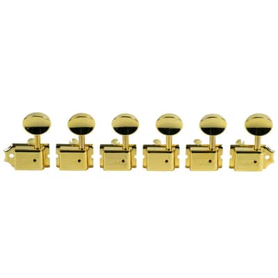 Kluson 6 In Line Left Hand Deluxe Series Tuning Machines - Single Line - SafeTi Post - Gold With Oval Metal Buttons